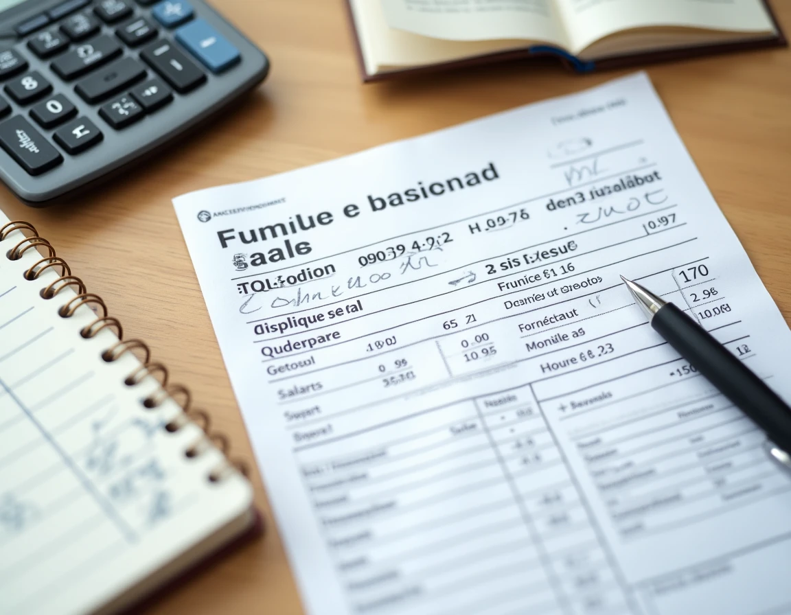 Fiche de paie d'un professeur posée sur un bureau avec calculatrice et notes manuscrites sur les variations de salaire