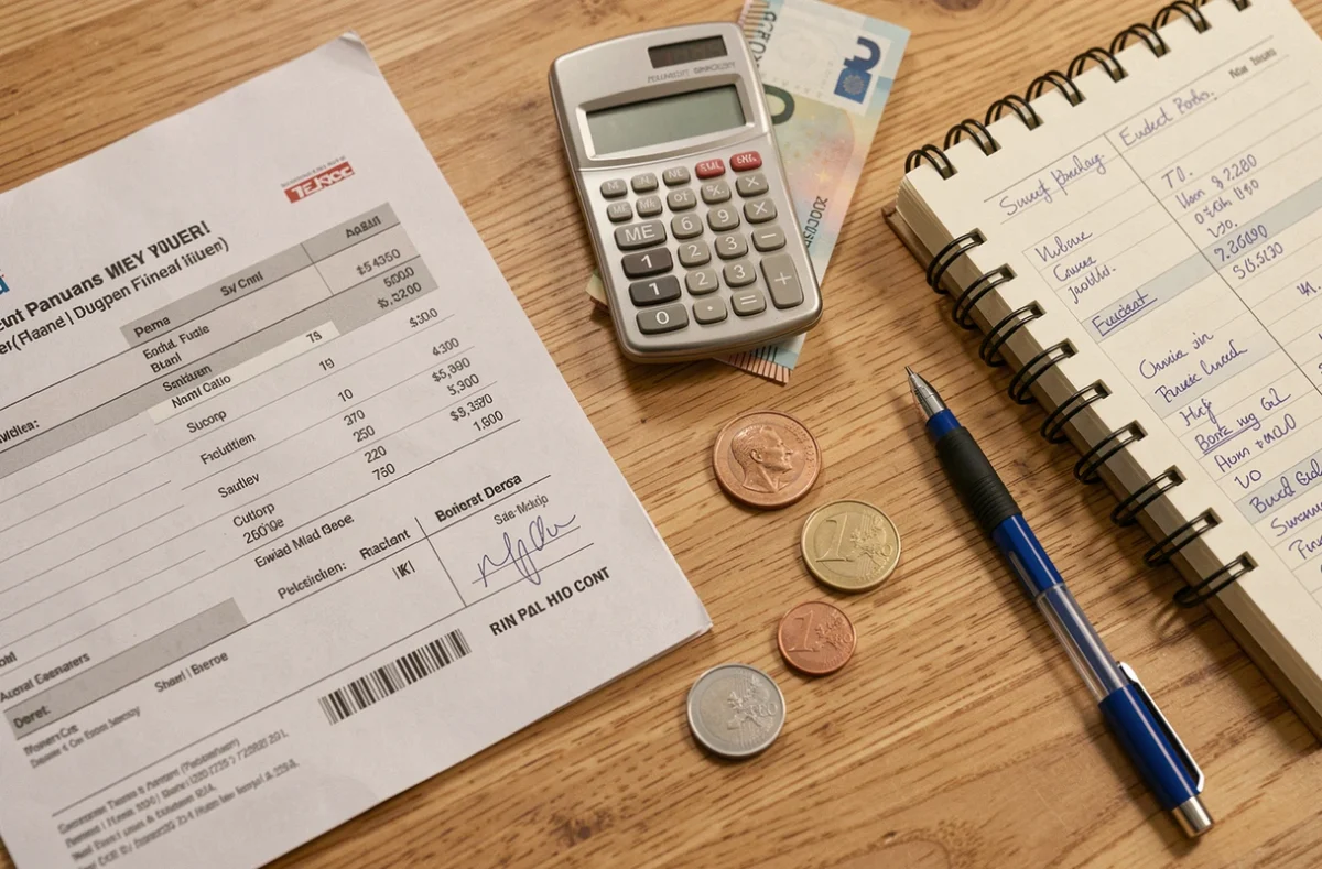 Vue du dessus d'un bureau avec fiche de paie, calculatrice et euros pour simulation budget