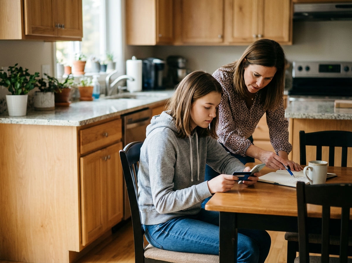 Jeune fille de 15 ans avec sa mère dans la cuisine familiale