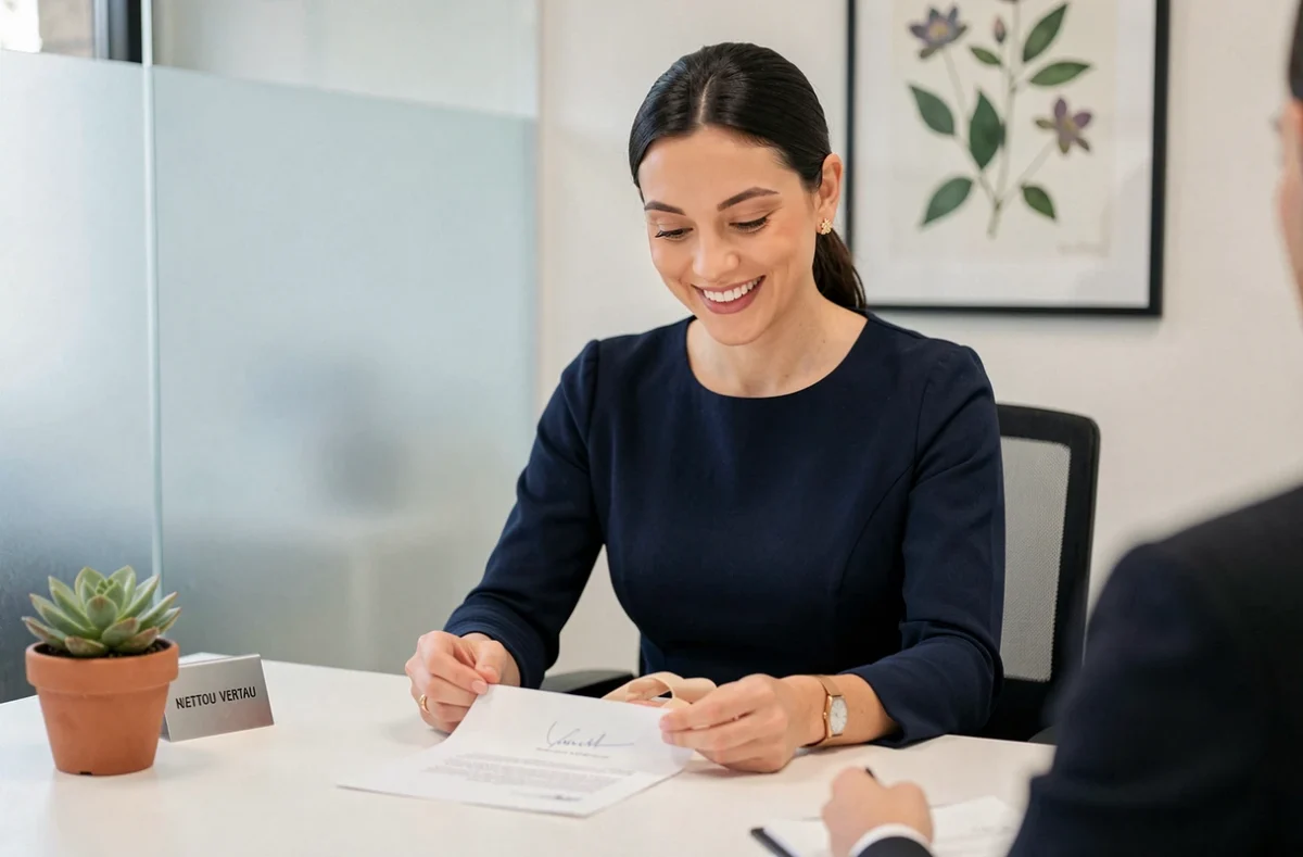 Fiona Le Masson, notaire à Vertou, présentant un document signé à un client dans son bureau contemporain
