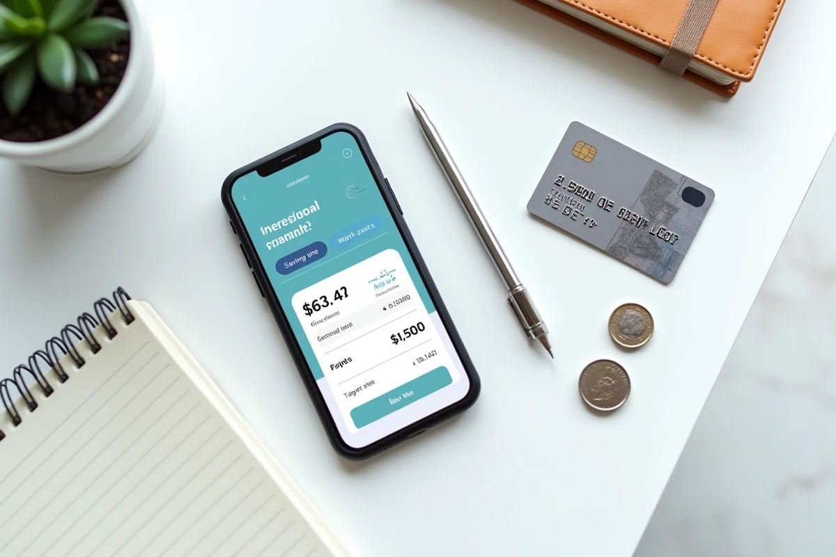 Vue de dessus d'un bureau avec smartphone affichant une application de finances personnelles, carnet de budget manuscrit et pièces en euros, symbolisant la gestion quotidienne des crédits et de l'épargne