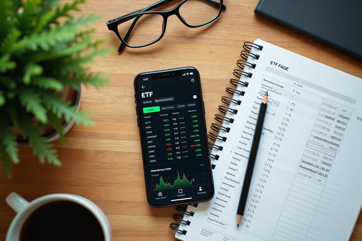 Vue aérienne d'un bureau avec smartphone affichant des ETF, journal d'investissement et documents financiers