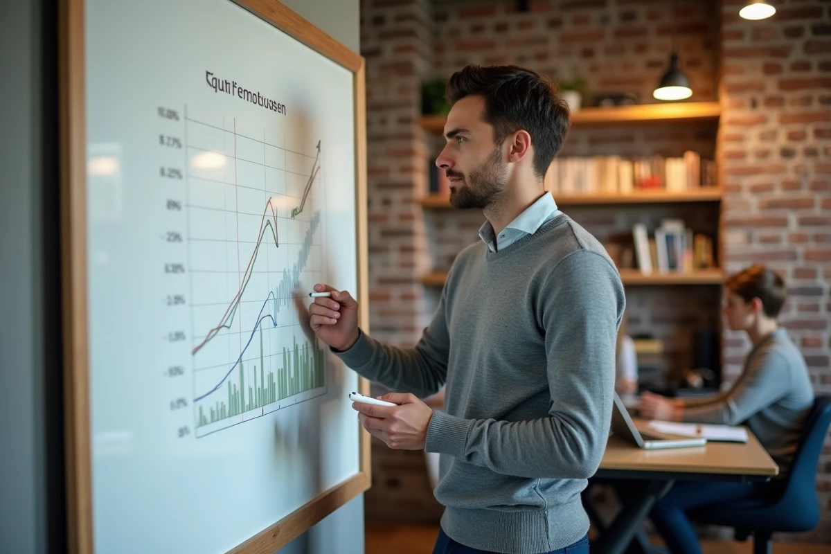 Fondateur de startup présentant la répartition des parts et la valorisation de son entreprise sur un tableau blanc