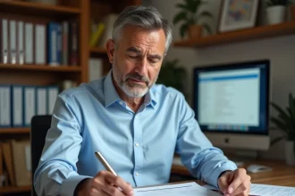 Homme consultant des formulaires fiscaux français 2041-DPTF et Cerfa 14770 sur un bureau en bois dans un bureau à domicile