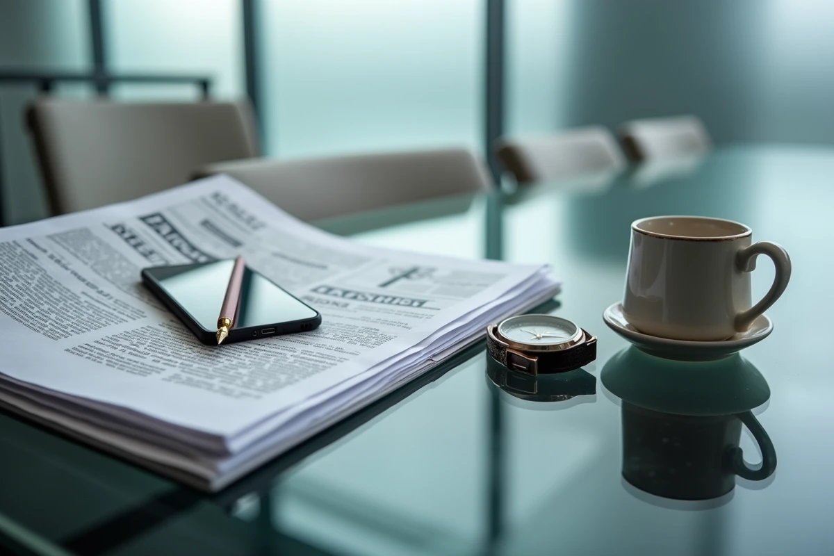 Vue de dessus d'une table de conférence avec rapports financiers, montre de luxe et journal ouvert, illustrant les zones d'ombre entourant la fortune de Tony Scotti