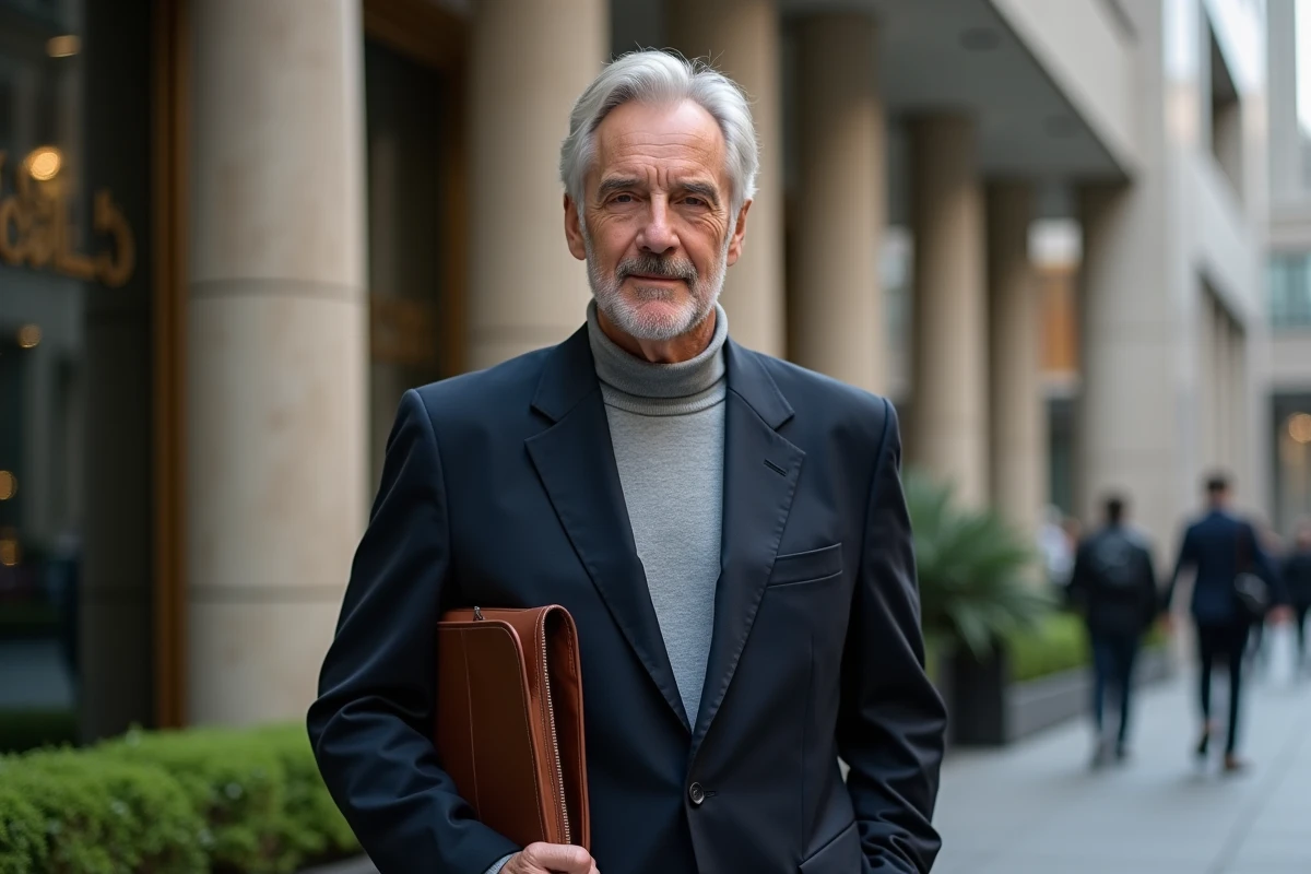 Homme élégant devant un immeuble de luxe tenant un portfolio en cuir, symbolisant le patrimoine et les affaires dans l'industrie musicale