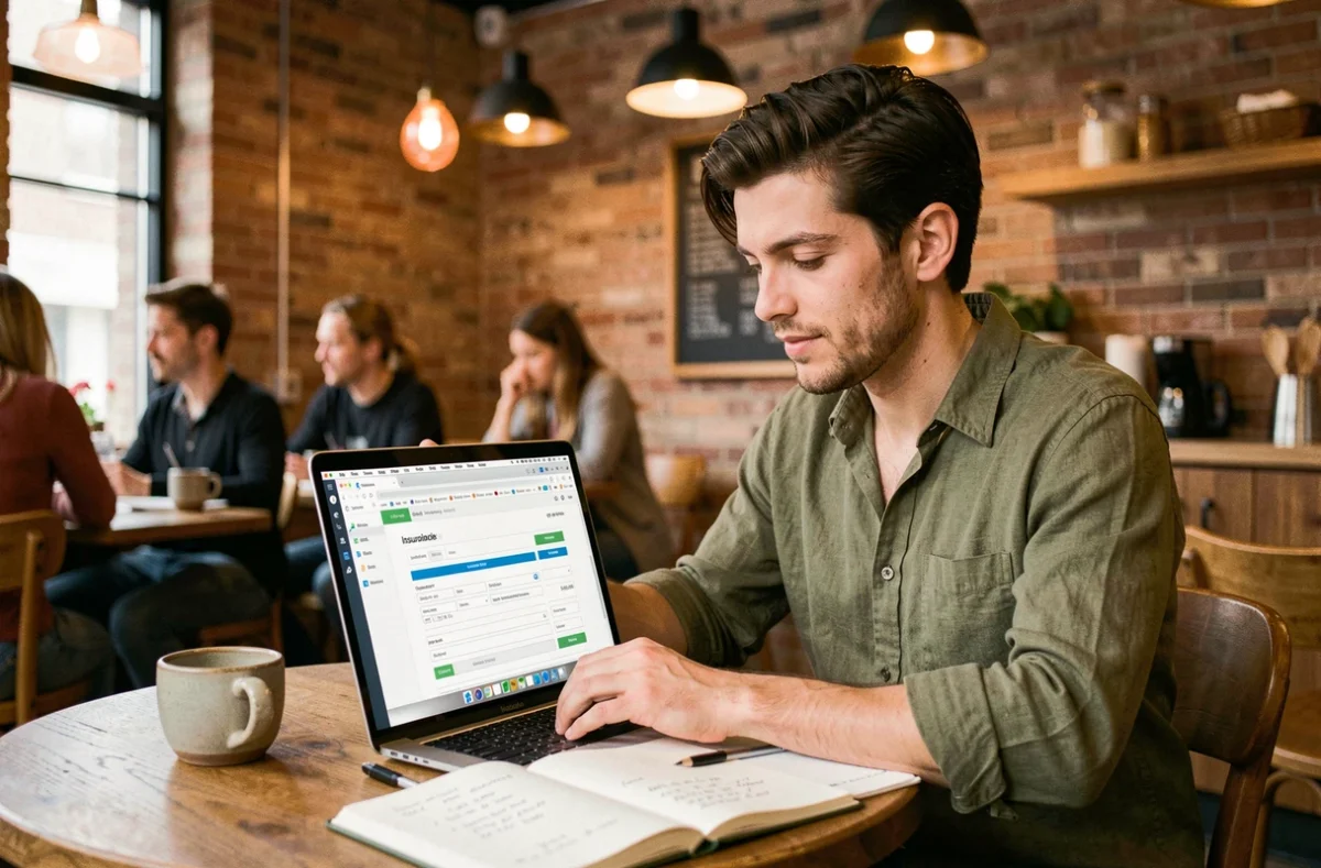 Freelance remplissant un formulaire de devis d'assurance RC pro en ligne depuis un café avec son ordinateur portable