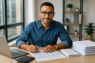 Photo d un petit entrepreneur confiant dans un bureau moderne signant des documents financiers