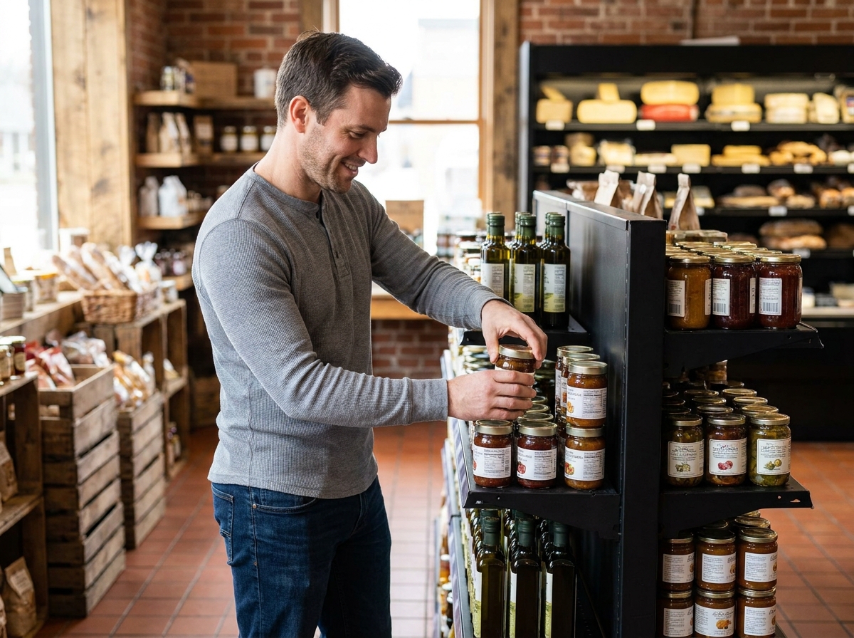 Merchandiseur masculin arrangeant des produits sur une gondole de magasin Someva dans une épicerie spécialisée au décor artisanal