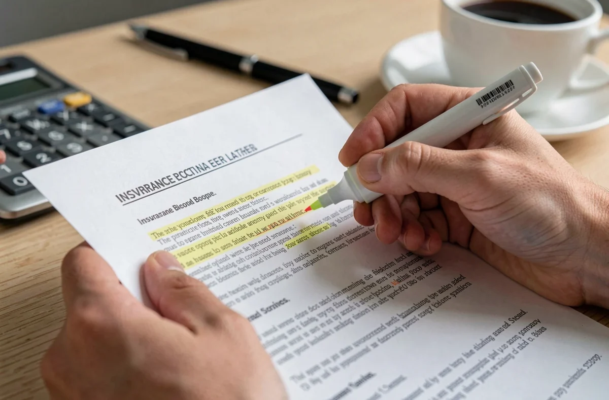 Gros plan sur des mains surlignant une clause d'un contrat d'assurance emprunteur, symbolisant la résiliation loi Hamon