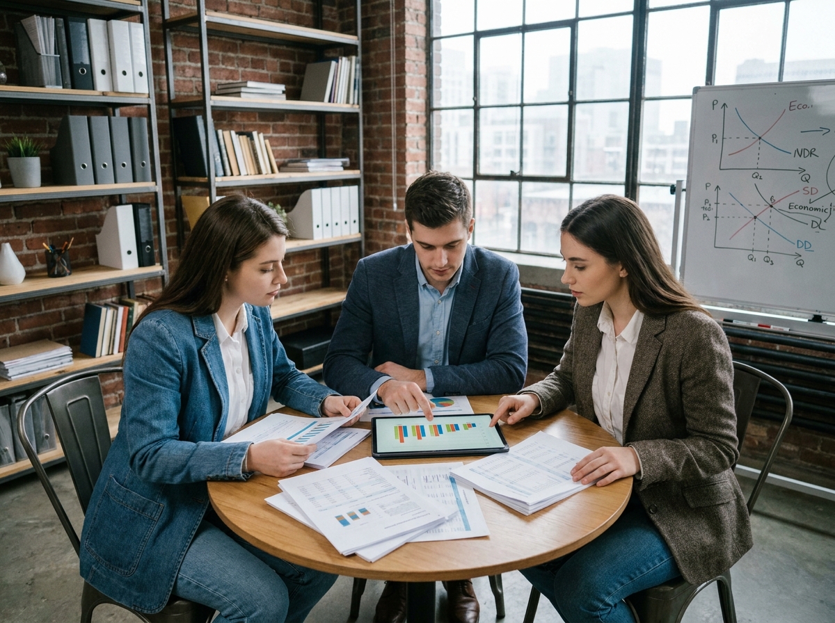 Groupe d'étudiants en finance analysant des rapports financiers ensemble dans un espace de coworking moderne