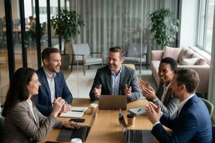 Groupe de professionnels en réunion dans un centre d'affaires