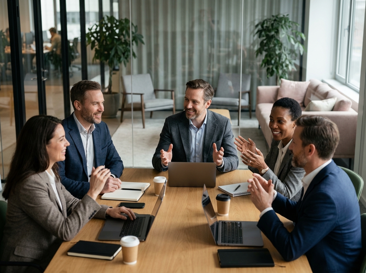 Groupe de professionnels en réunion dans un centre d'affaires