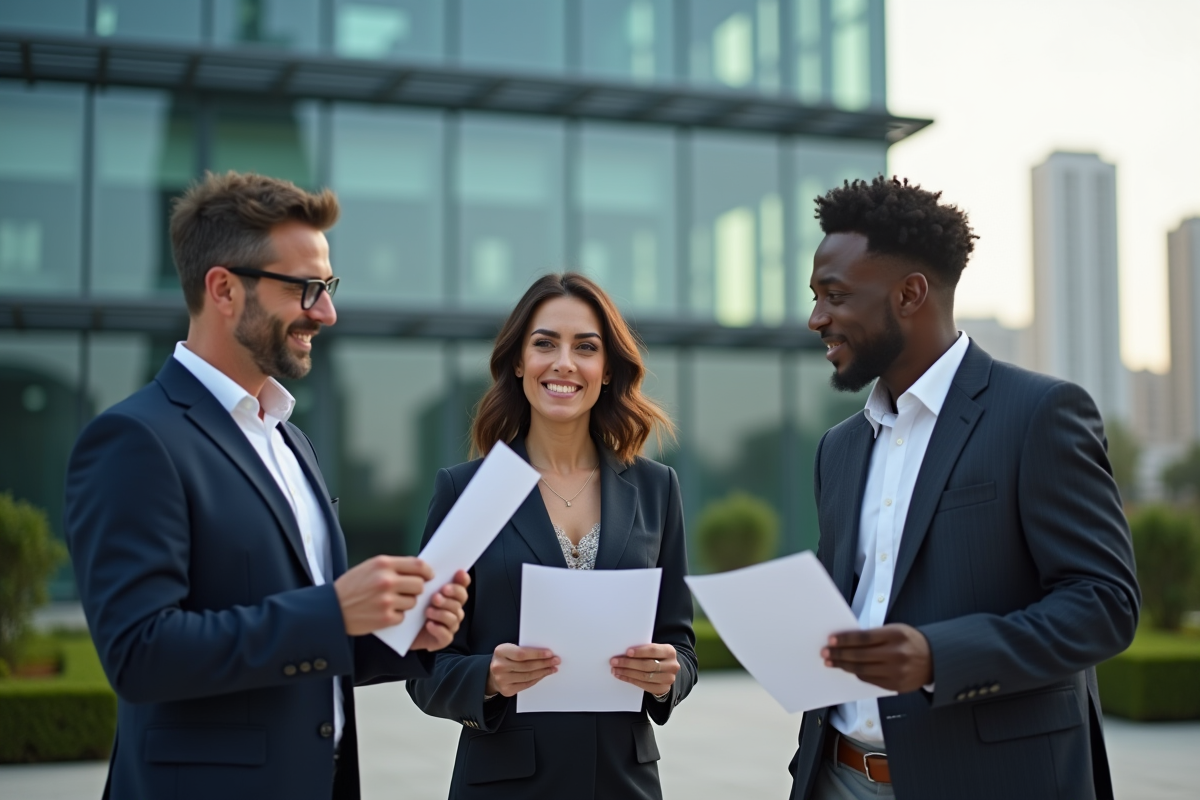 Groupe de trois professionnels discutant devant un bâtiment moderne