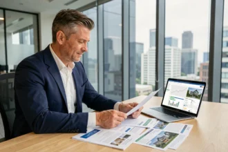 Homme d'affaires analysant des documents liés à une SCPI de rendement dans un bureau moderne