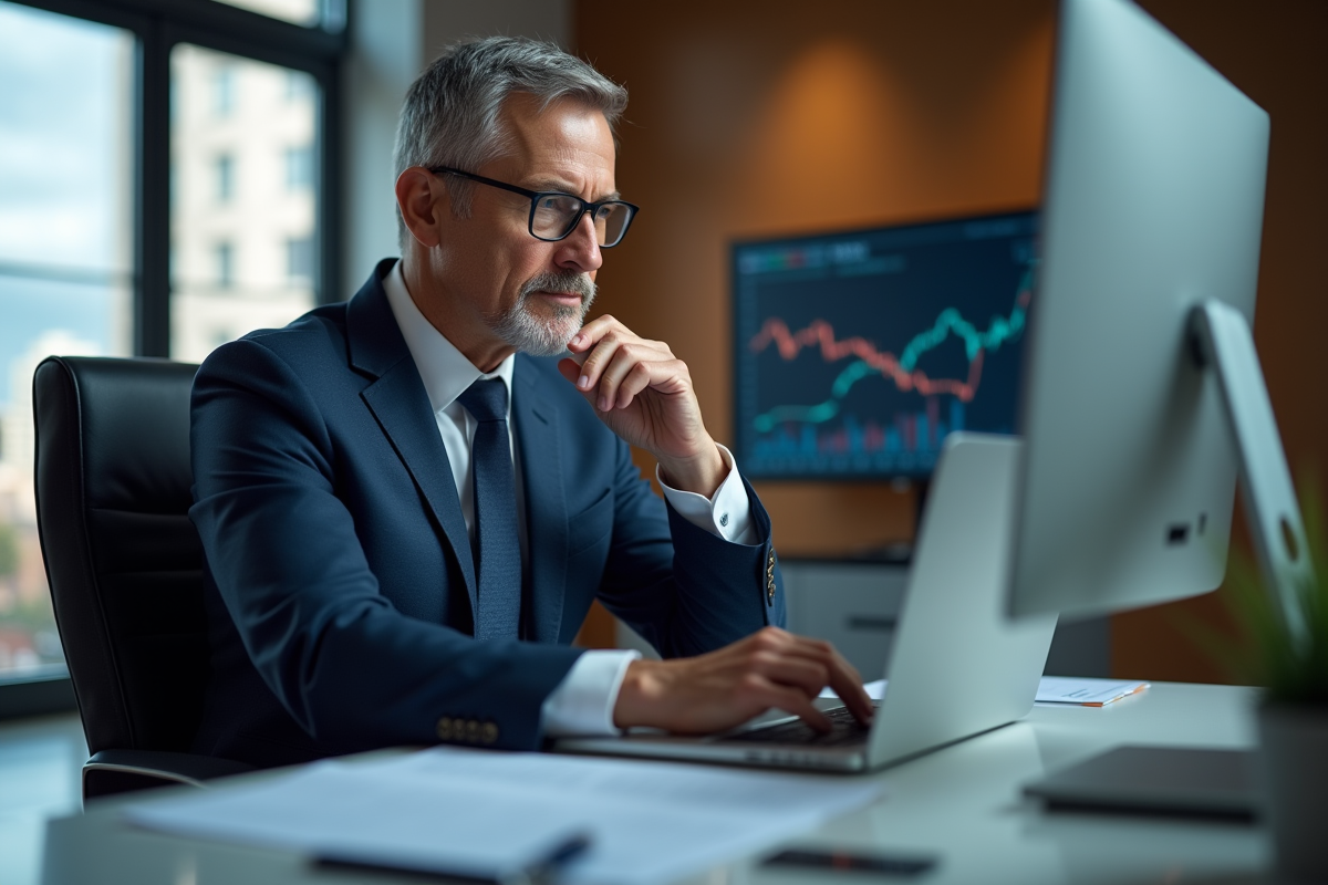 Homme d'affaires concentré en costume navy dans un bureau moderne