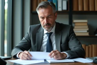 Homme d'affaires en costume gris pensif avec documents en retard