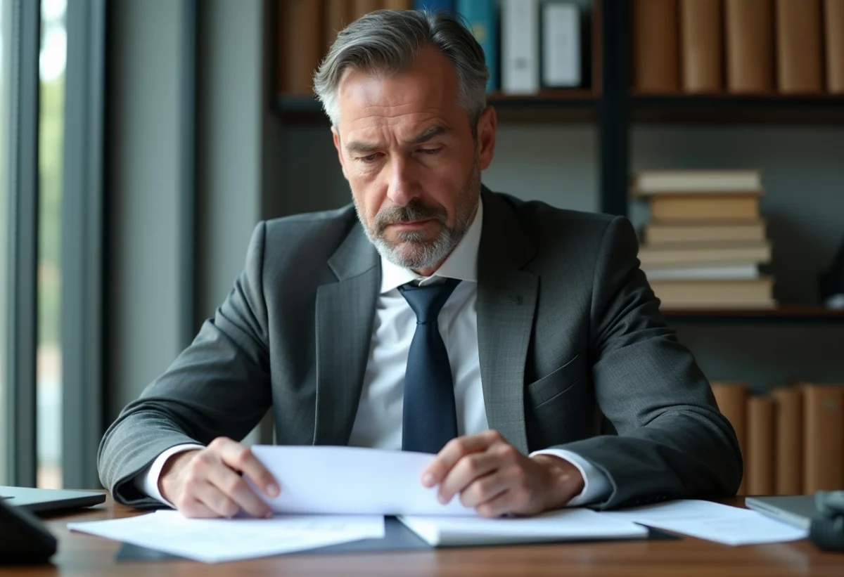 Homme d'affaires en costume gris pensif avec documents en retard