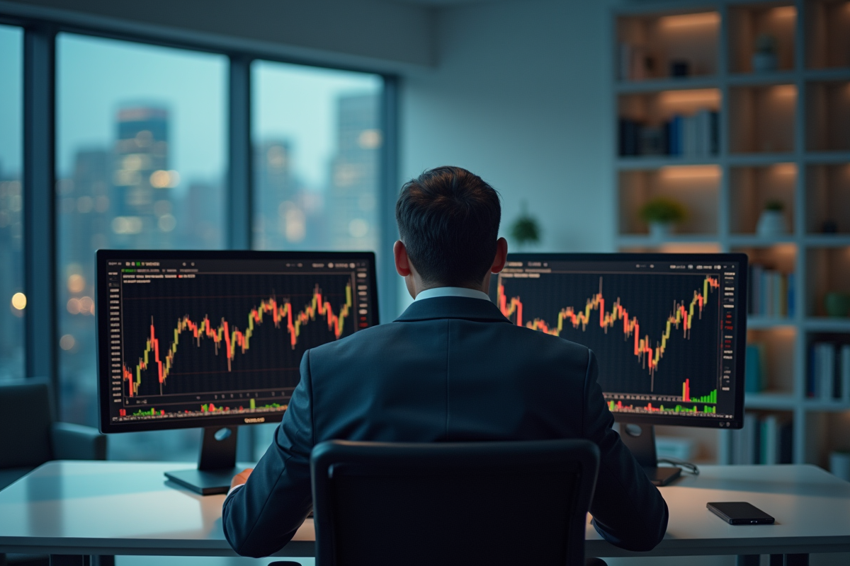 Homme d'affaires en costume regardant des écrans boursiers en chute