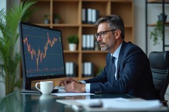 Homme d'affaires analysant des graphiques financiers sur un ordinateur