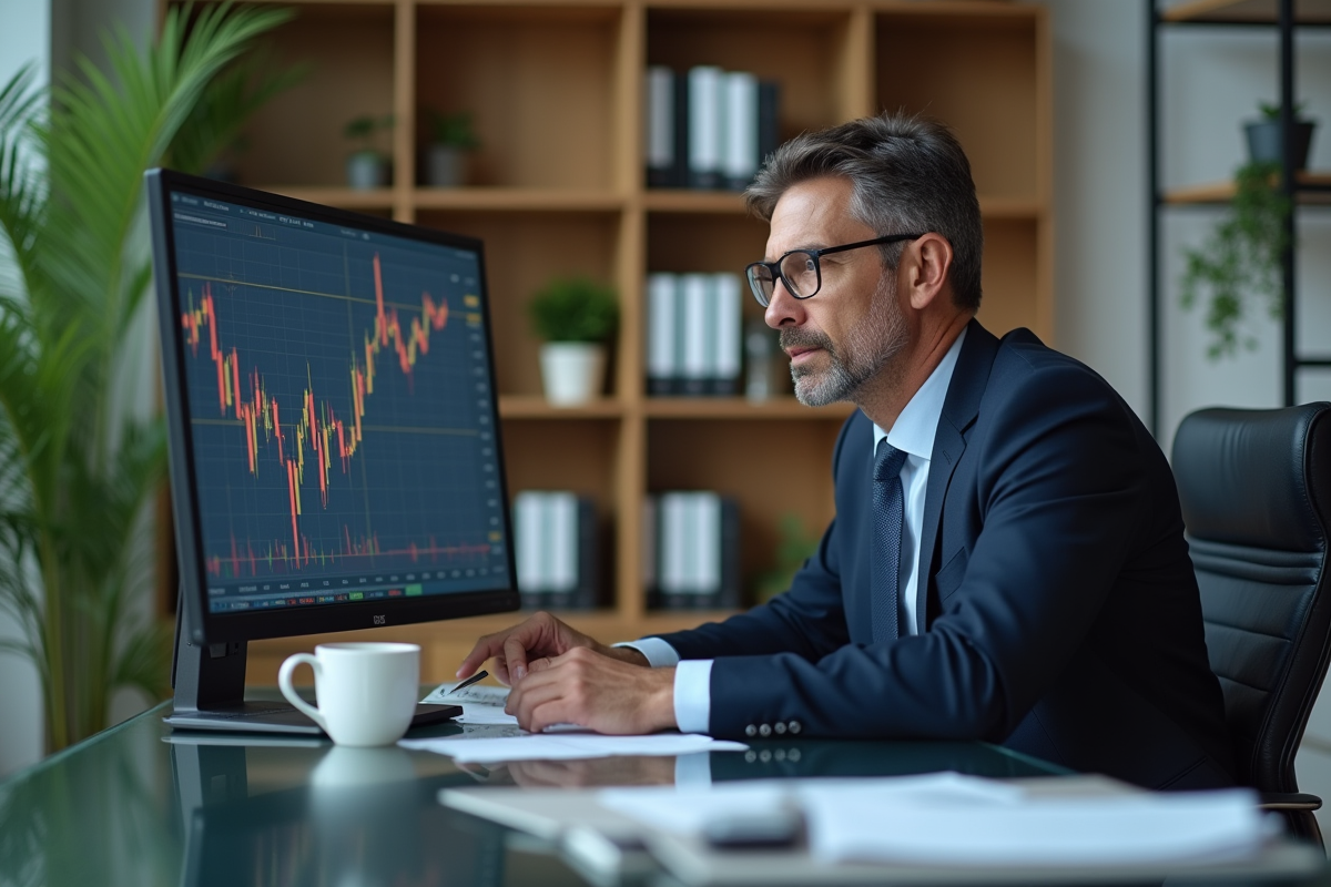 Homme d'affaires analysant des graphiques financiers sur un ordinateur