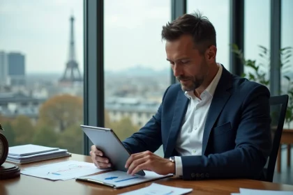 Homme d'affaires en costume regardant des graphiques financiers