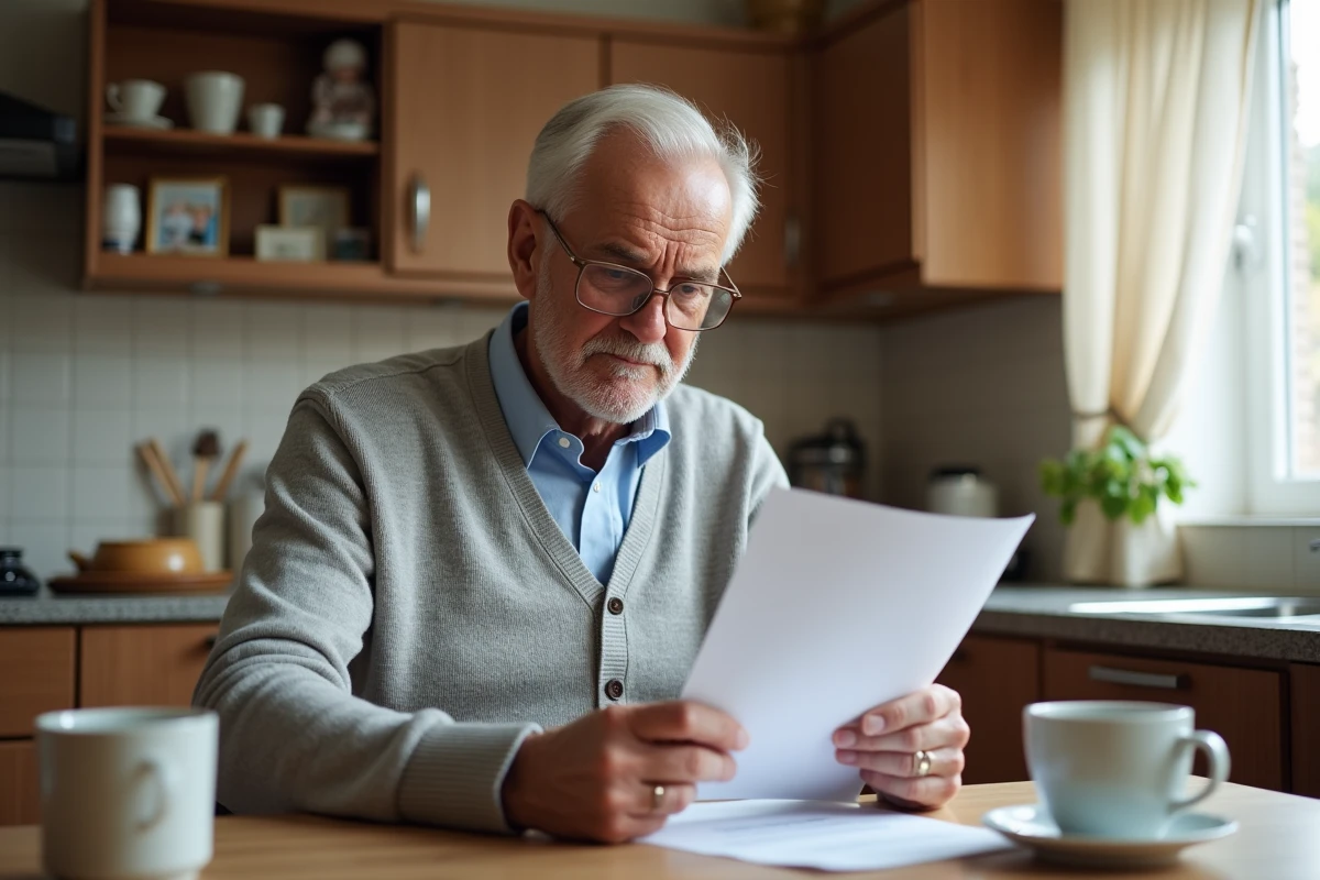 Homme âgé lisant un courrier administratif lié à une succession ou un héritage à son domicile