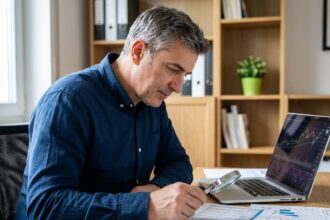 Homme de 45 ans analysant des documents financiers à son bureau à domicile pour placer son épargne en 2026