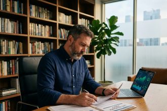 Homme d'affaires analysant des documents de SCPI et d'assurance vie sur un bureau professionnel