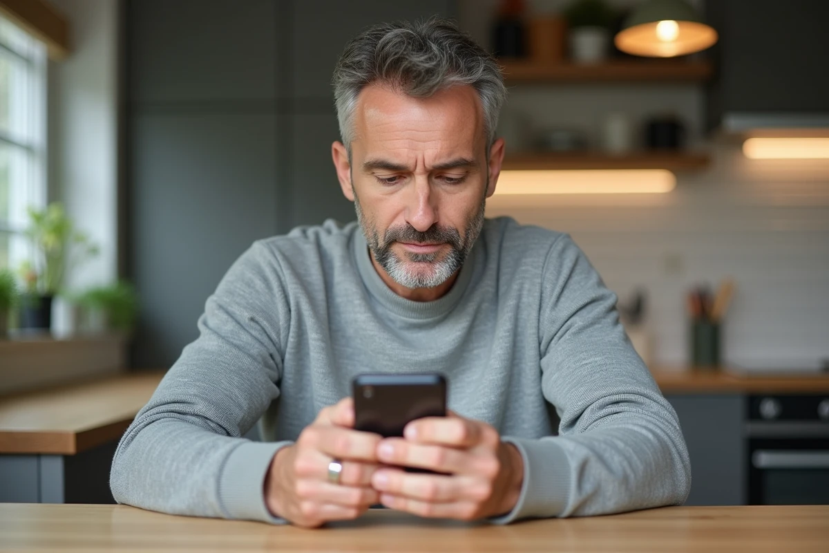 Homme d'âge moyen utilisant l'application mobile Cyberplus Banque Populaire sur smartphone dans une cuisine