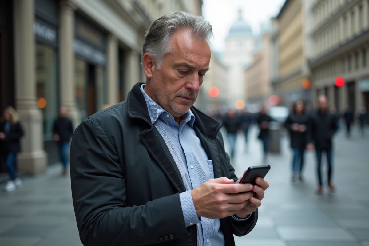 Homme en ville utilisant son smartphone pour la banque