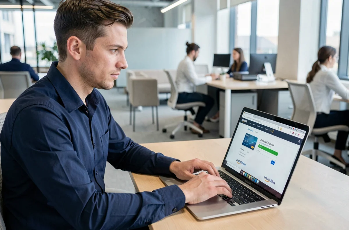 Homme en bureau consultant une page de paiement Amazon Prime avec une carte avantages salariés de type Bimpli