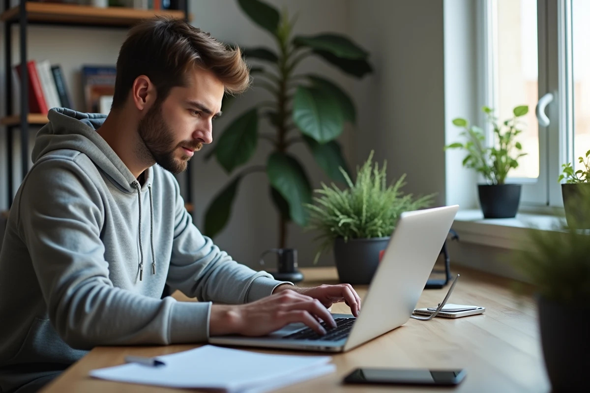Homme réfléchissant devant son ordinateur dans un bureau à domicile