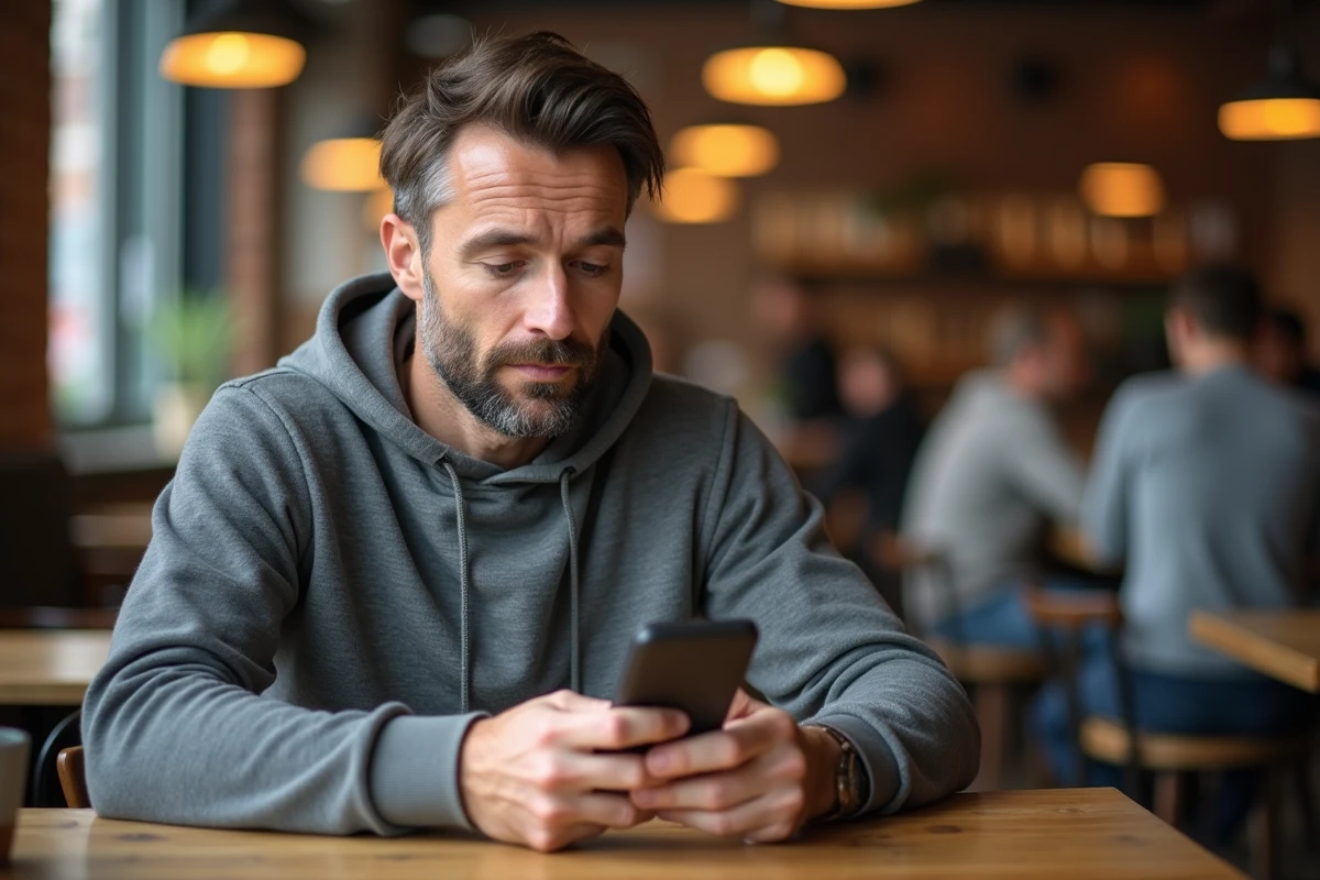 Homme d age moyen dans un café urbain regardant son smartphone