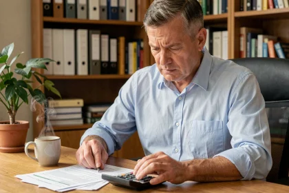 Homme consultant ses documents fiscaux et utilisant une calculatrice à son bureau pour comprendre l'impact du barème de l'impôt sur le revenu