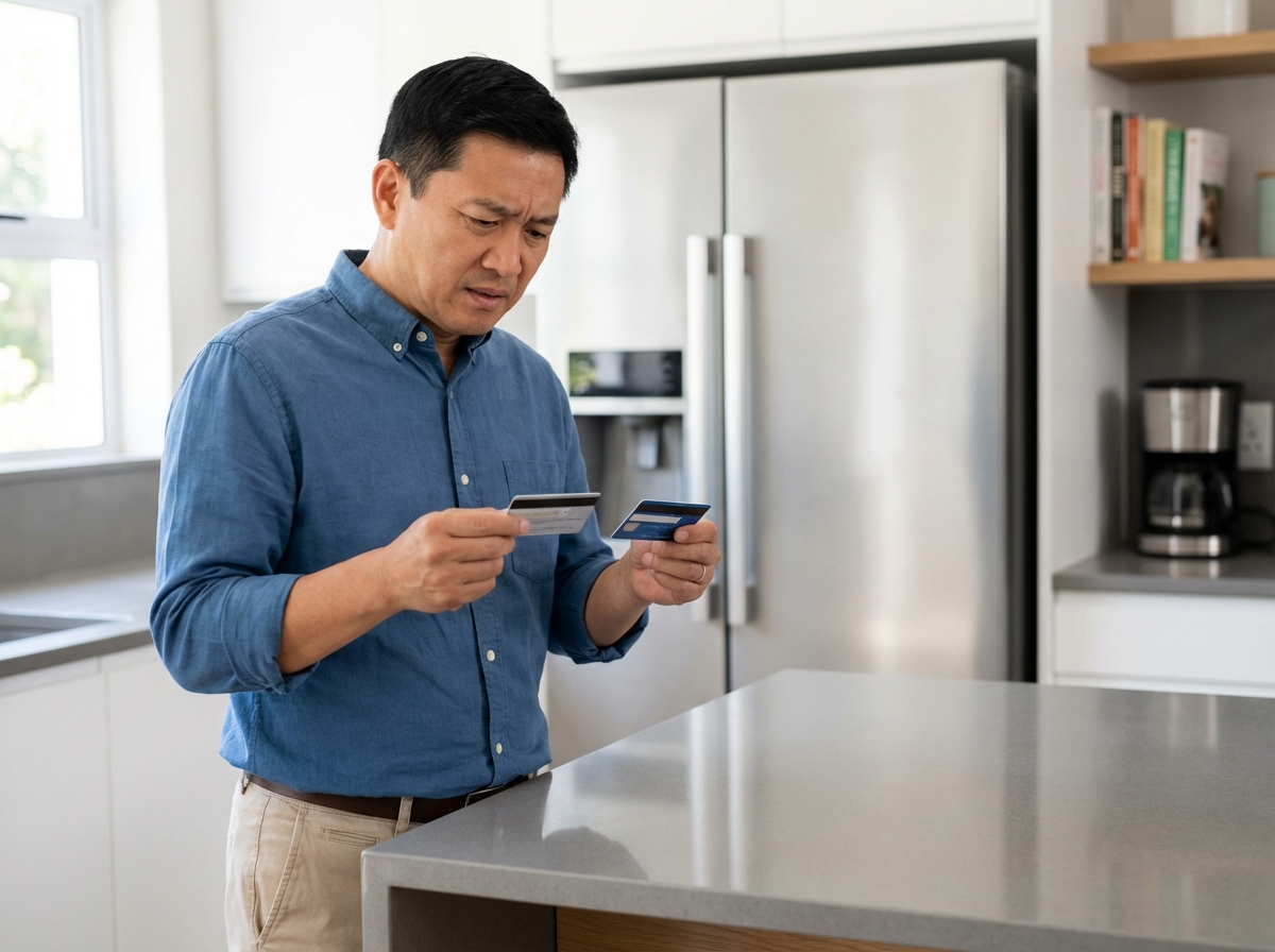 Homme à la maison examine deux cartes de crédit