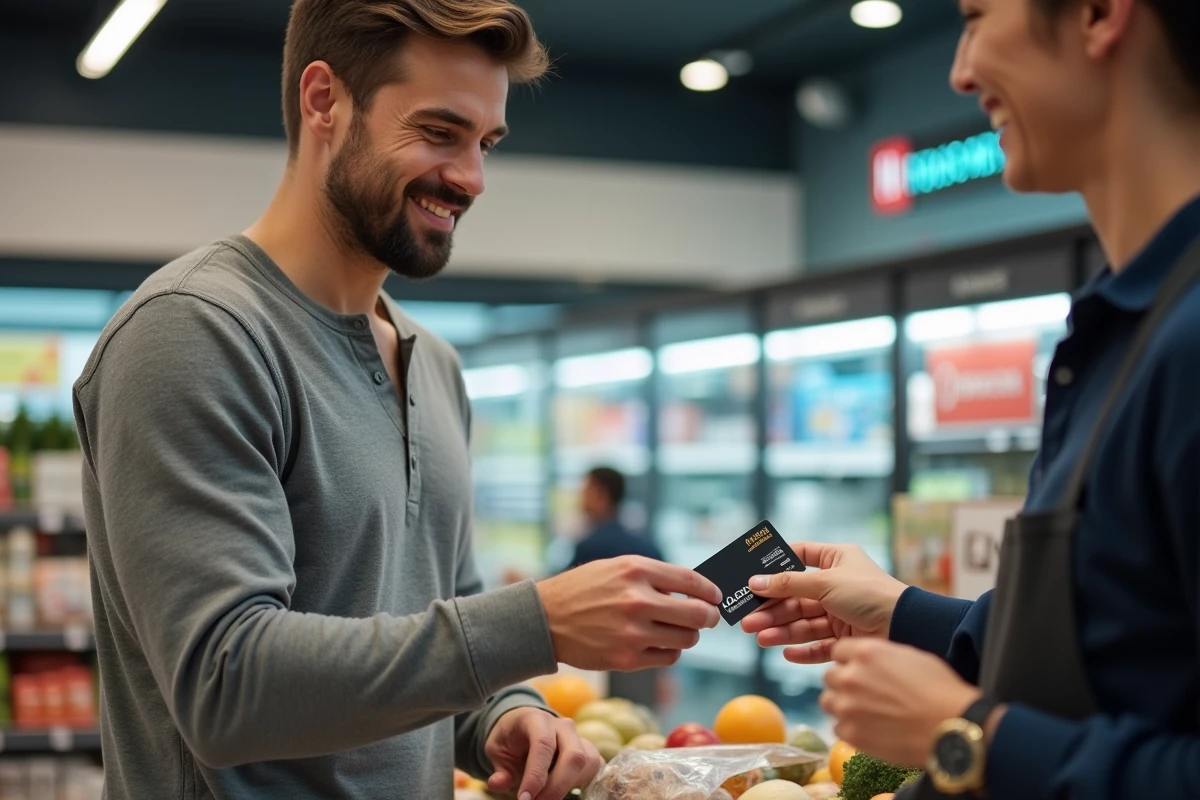 Homme utilisant une carte Kadéos Infini à la caisse d'un supermarché pour ses achats quotidiens