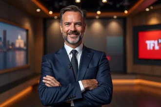 Homme d'âge moyen en costume navy dans un studio TV élégant