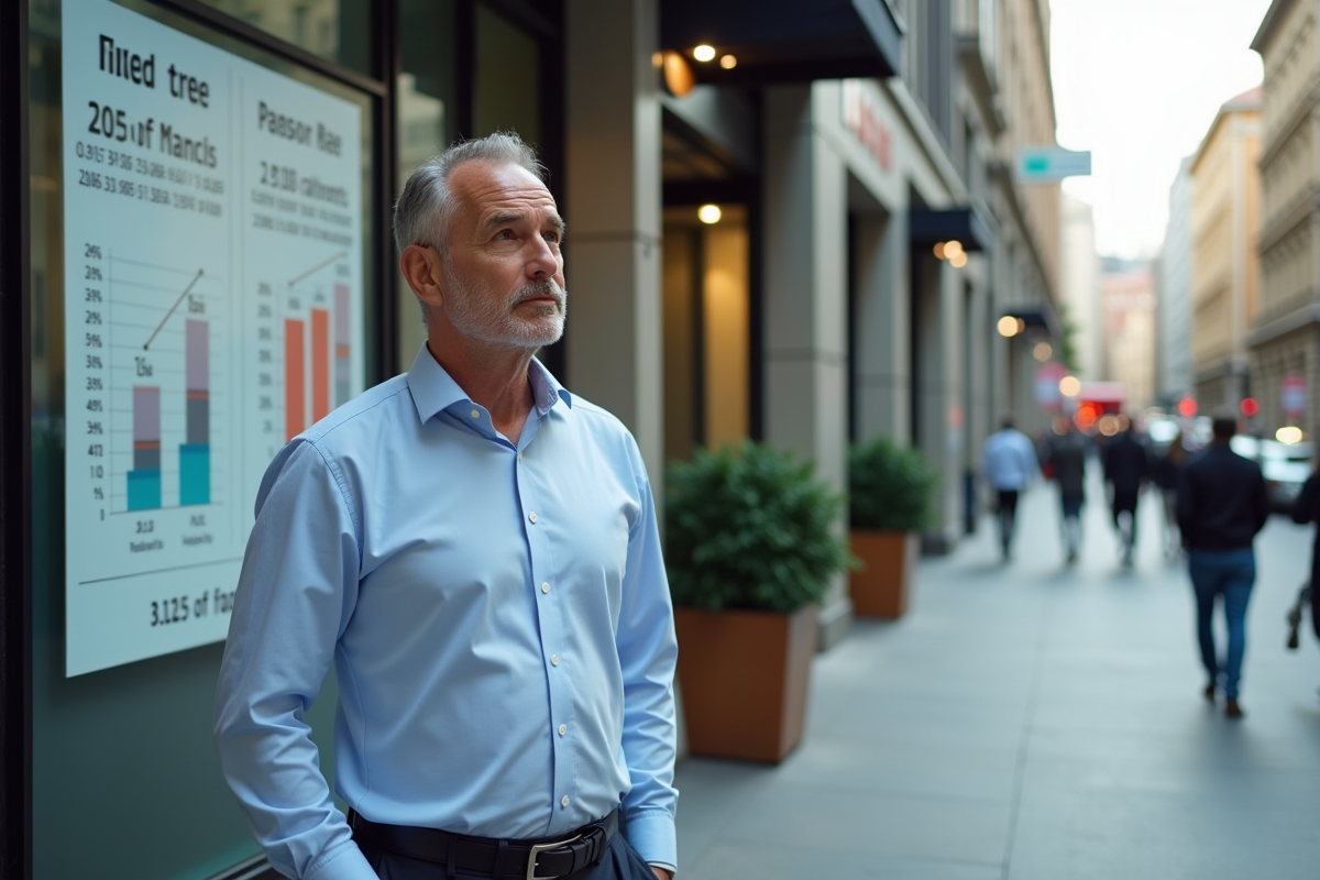 Homme regarde affichage des taux dans une banque urbaine