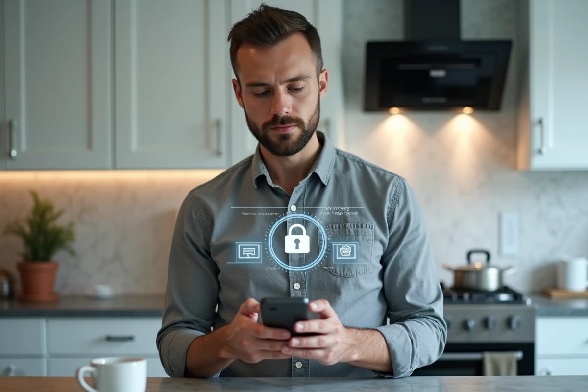 Homme consultant son compte coffre fort Arkevia sur smartphone dans une cuisine moderne