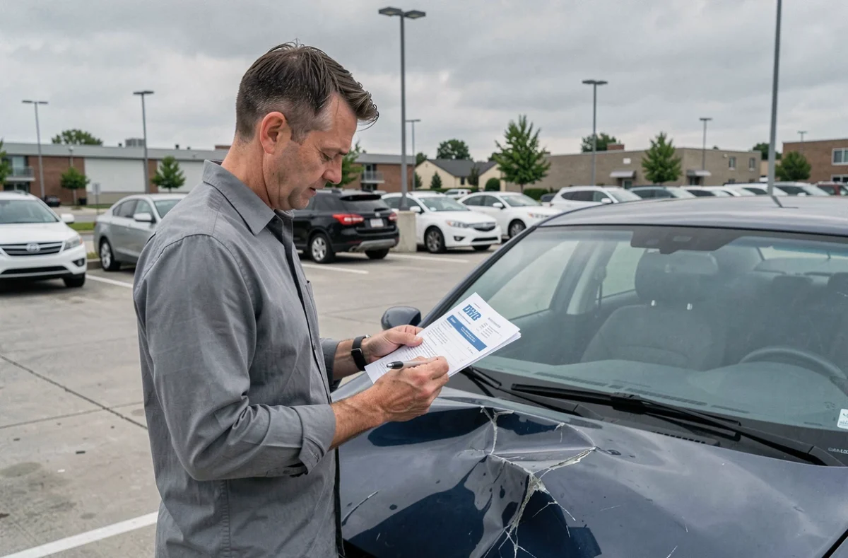Homme remplissant un constat de sinistre automobile dans un parking après un accident de voiture