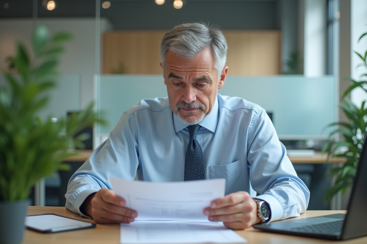 Homme examinant des documents de prêt immobilier au bureau