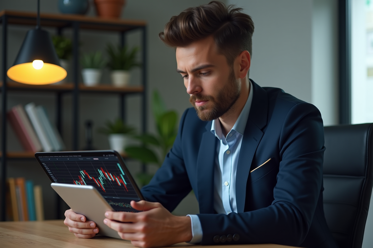 Jeune homme en costume examine des graphiques crypto sur tablette