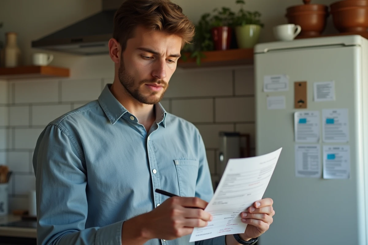 Jeune homme français vérifiant sa fiche de paie dans sa cuisine