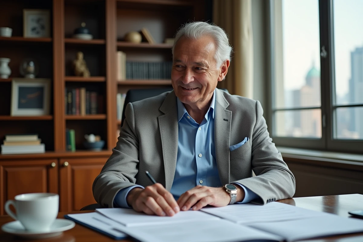 Homme en blazer gris dans un bureau avec vue urbaine