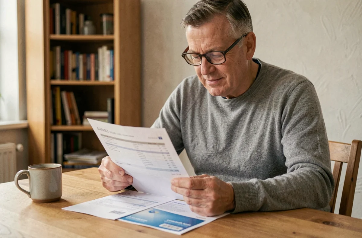 Homme à domicile analysant ses placements et garanties d'épargne avec des documents bancaires CA56