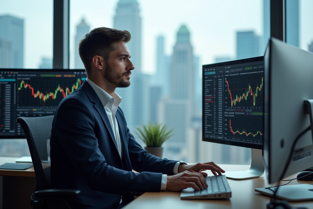 Jeune homme en costume dans un bureau moderne avec écrans financiers