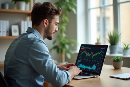 Jeune homme d affaires étudiant des graphiques financiers sur un ordinateur