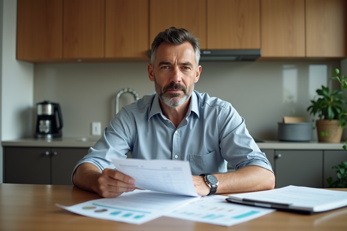 Homme d'âge moyen en tenue décontractée à la maison examine ses finances