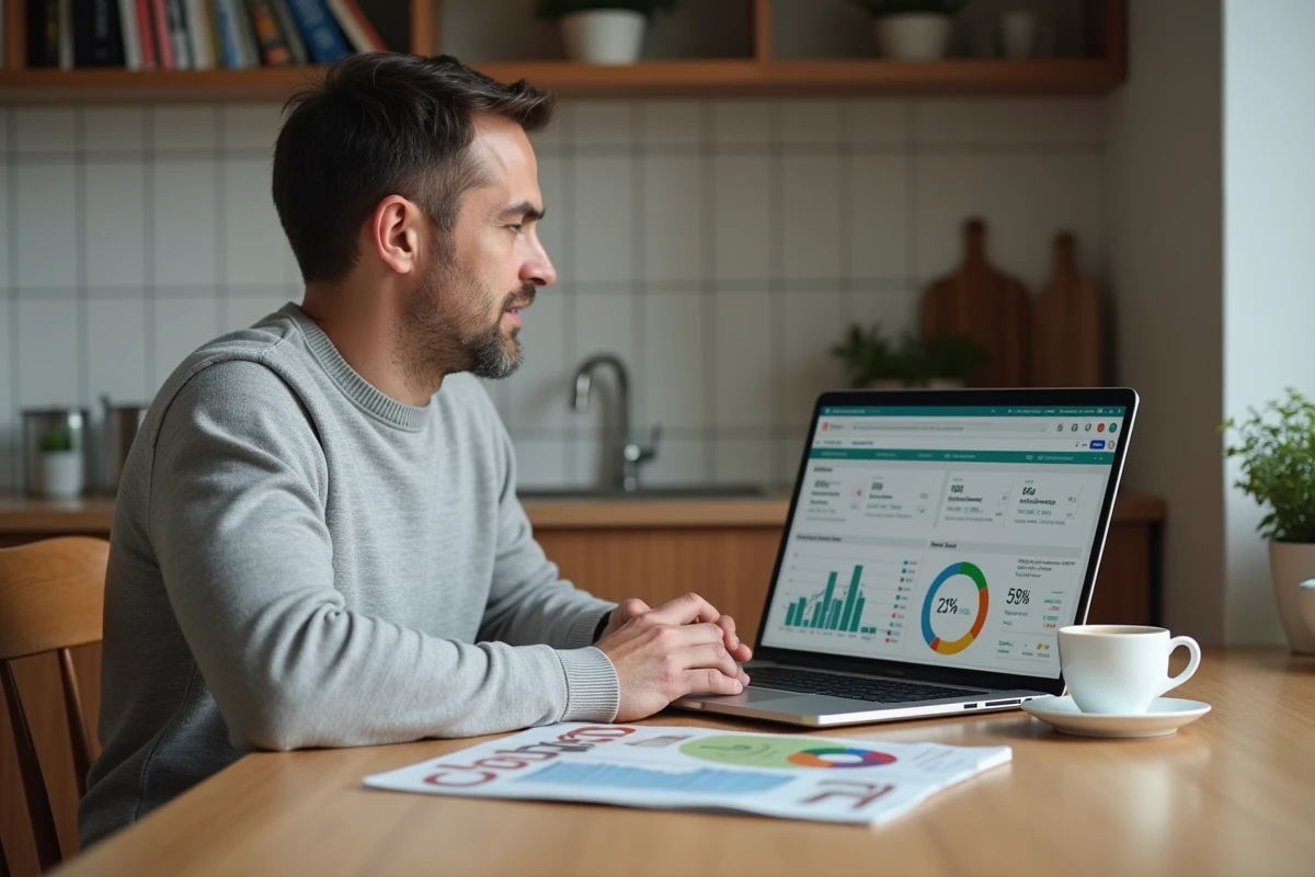 Homme gérant son portefeuille d'investissement sur un ordinateur portable dans une cuisine moderne